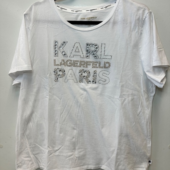 Karl Lagerfeld Paris White T-Shirt Women's Size XL Rhinestone Bling - Picture 4 of 12